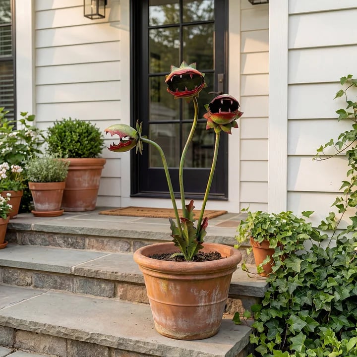 🦷 Eye-Catching Metal Garden Stake – Fantasy Carnivorous Plant-Inspired Outdoor Art