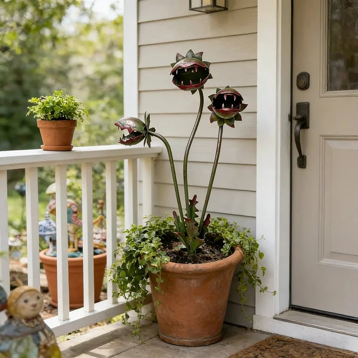 🦷 Eye-Catching Metal Garden Stake – Fantasy Carnivorous Plant-Inspired Outdoor Art