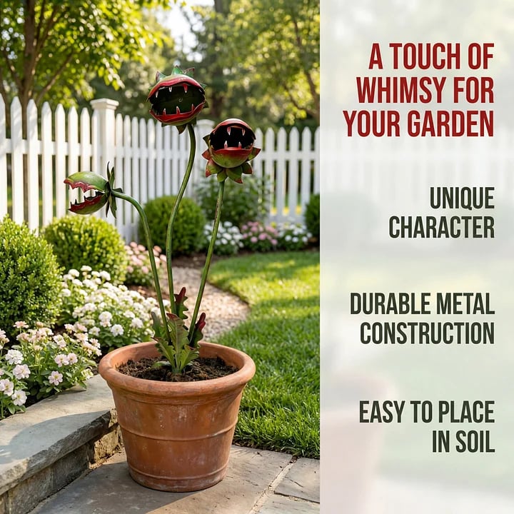 🦷 Eye-Catching Metal Garden Stake – Fantasy Carnivorous Plant-Inspired Outdoor Art
