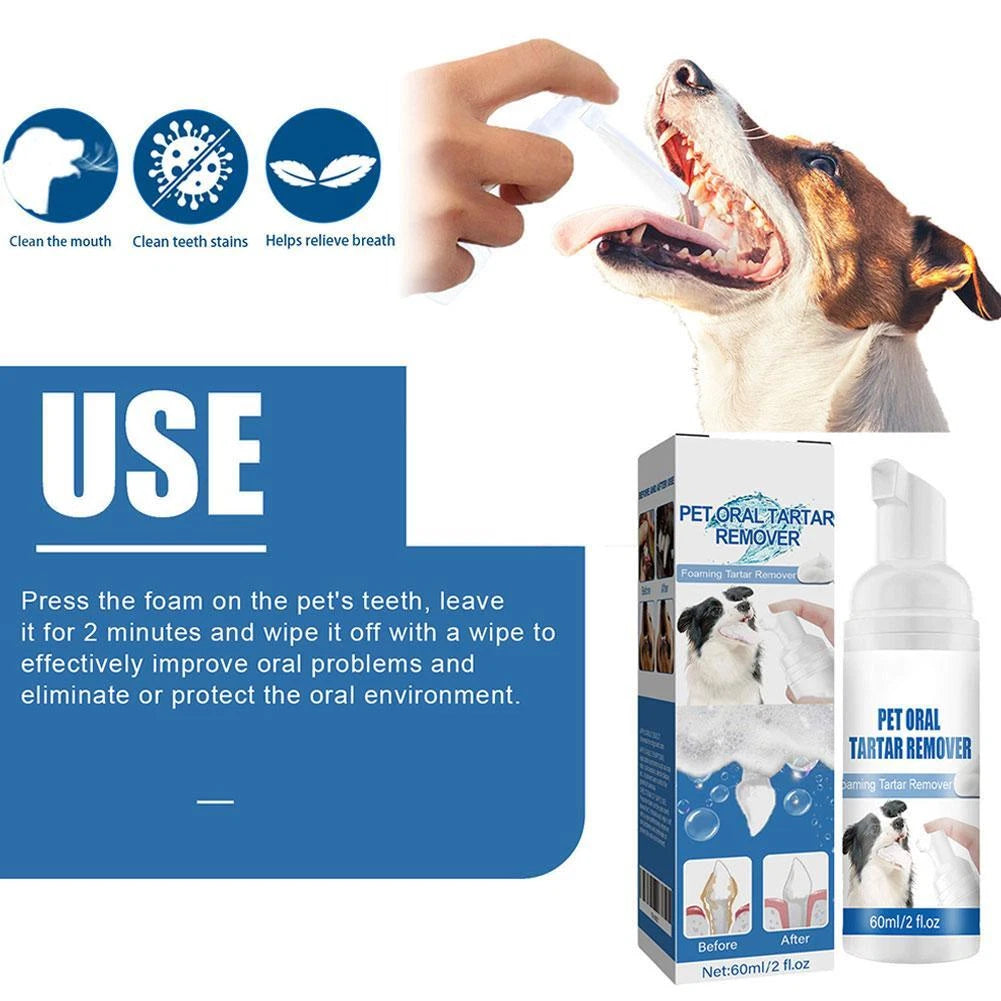 Pet dental tartar remover — removes tartar, whitens teeth, eliminates bad breath; foaming oral cleaner